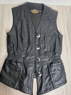 Vintage Harley-Davidson Black Leather Button-Front Vest